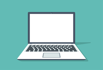 Front view computer laptop and white empty screen for copy space on blue background. Vector illustration cartoon flat design object. © Phruetthiphong