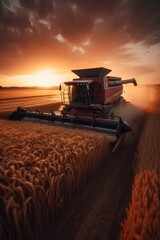 Modern harvester working on a wheat field at sunset. Harvesting the wheat. Generative AI