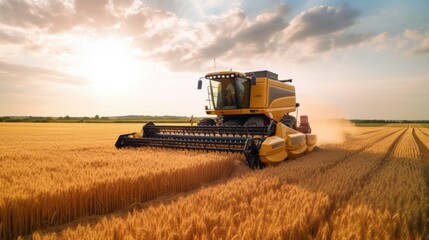 Obraz premium Modern harvester working on a wheat field. Harvesting the wheat. Generative AI