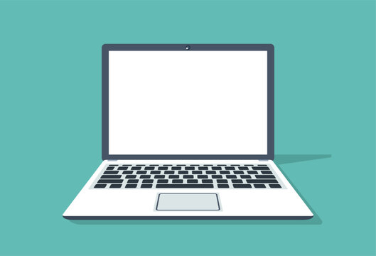 Front view computer laptop and white empty screen for copy space on blue background. Vector illustration cartoon flat design object.