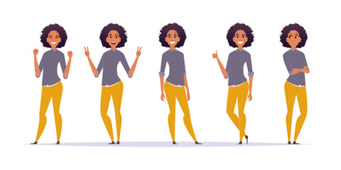 Charming African American girl or woman in different poses, stands, cool gesture with her hand, rejoices, thoughtful. Modern cartoon flat style