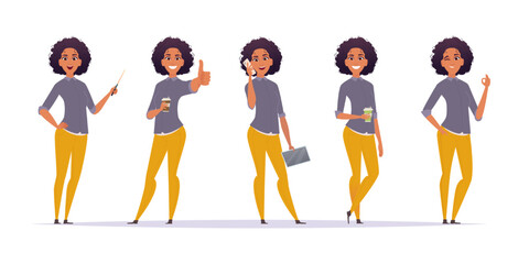 Charming African American girl or woman in different poses, talking on the phone, drinks coffee, points to something. Modern cartoon flat style.