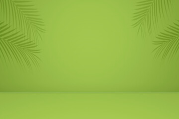 Fototapeta na wymiar Empty palm shadow texture pattern cement on green wall background. Summer tropical minimal concept. Used for online shop presentation business nature organic cosmetic products