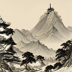 vintage poster of a Japanese peak with house in sepia