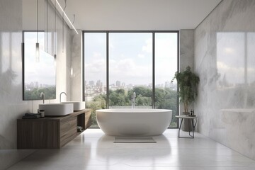 Obraz na płótnie Canvas A contemporary bathroom with a white bathtub and double sinks, a wide panoramic window, and a minimalist marble and concrete interior. Generative AI