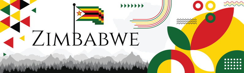 Zimbabwe independence day Banner with map, flag colors theme background and geometric abstract retro modern red, yellow and green design. illustration banner design template. - obrazy, fototapety, plakaty