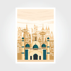 mosque vector poster. Middle Eastern cityscape. Mosque, towers, gates, mosaics.