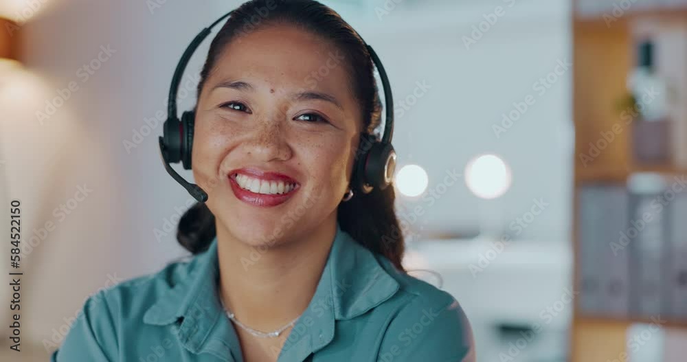 Poster contact us, call center portrait or friendly agent in a telecom communications company helping with 