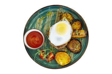 baked potato with beef and fried egg. isolated.view from above.