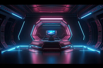 Futuristic corridor hallway tunnel with neon light. Hi-tech sci-fi passageway spaceship background AI Generated