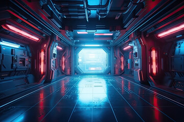 Futuristic corridor hallway tunnel with neon light. Hi-tech sci-fi passageway spaceship background AI Generated