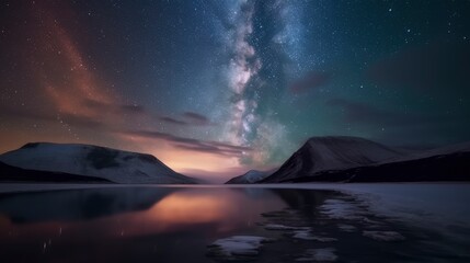 Obraz na płótnie Canvas Stunning Long Exposure Night Photography of Milky Way and Lake at Mountain - Experience the Beauty of Universe with this Breathtaking Landscape Shot, generative ai