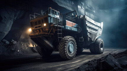 Giant futuristic modern dump truck working in a quarry at night. Generative AI