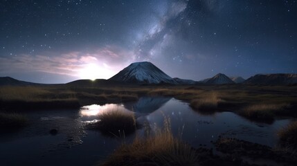 Stunning Long Exposure Night Photography of Milky Way and Lake at Mountain - Experience the Beauty of Universe with this Breathtaking Landscape Shot, generative ai