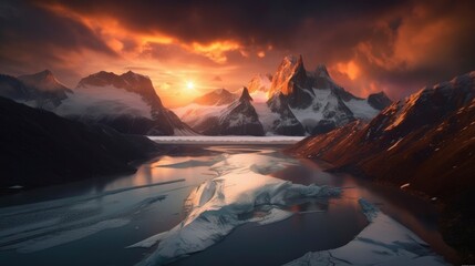 Stunning Sunset and Sunrise over Snowy Mountains Photography  and Lake  - Experience the Beauty of Universe with this Breathtaking Landscape Shot, generative ai