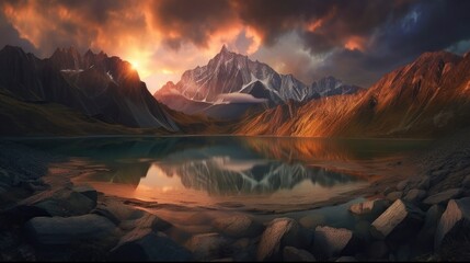 Obraz premium Stunning Sunset and Sunrise over Snowy Mountains Photography and Lake - Experience the Beauty of Universe with this Breathtaking Landscape Shot, generative ai