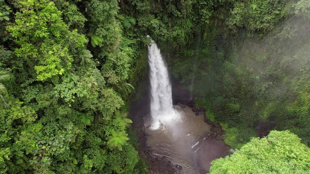 Cinematic aerial of Nungnung, large waterfall at Bali mountains. Green tropical plants grow around deep ravine, climbing on vertical walls too. Powerful stream rushes down, creating cloud of water fog