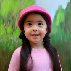 A 5-year-old girl in a pink sweater and hat.