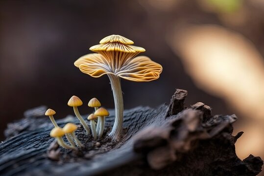 Close-up of a psathyrella piluliformis mushroom on a rotting tree Generative AI