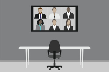 Empty meeting room with one seat video conference on TV screen - Work from home concept - 584524349