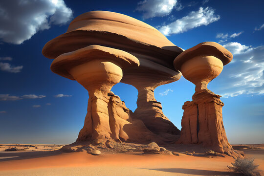 Saudi Arabia, Jazan Province, Mushroom Rocks formation. Generative Ai