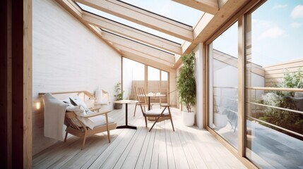 home interior design terrace balcony modern natural style wooden furniture and element sunrise morning day time , image ai generate