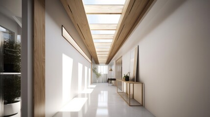 Fototapeta na wymiar home interior design with corridor area natraual skylight daytime and wooden decoration clean clear space interior design concept, image ai generate
