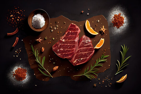 Beef steak with spices. Raw beef meat at black. Top view image. Generative Ai