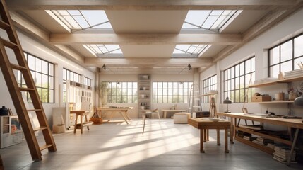 home studio workshop with modern loft design and skylight roof top multi purpose function home design concept, image ai generate