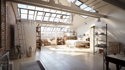 home studio workshop with modern loft design and skylight roof top multi purpose function home design concept, image ai generate