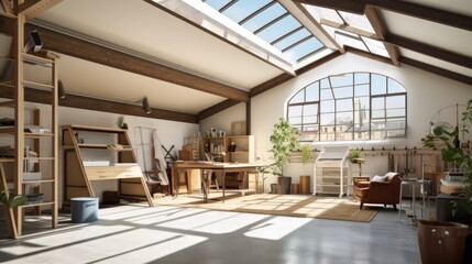 home studio workshop with modern loft design and skylight roof top multi purpose function home design concept, image ai generate