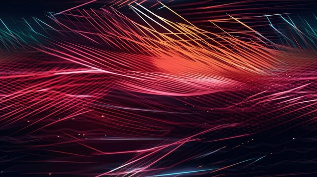 abstract background with line wave, digital technology network concept wallpaper, red blue dark base gradient spectrum shooting stars short, generative ai © Anna Elizabeth