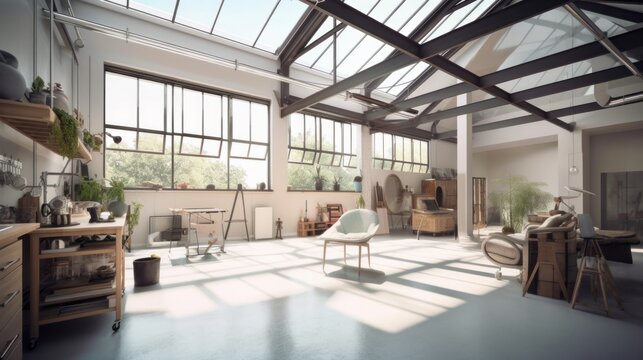 home studio workshop with modern loft design and skylight roof top multi purpose function home design concept, image ai generate