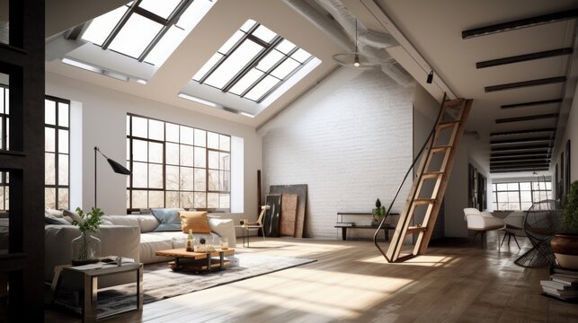 home studio workshop with modern loft design and skylight roof top multi purpose function home design concept, image ai generate