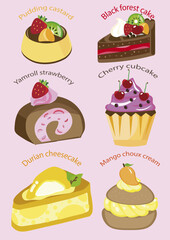 set of cakes and sweets