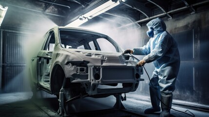 Technician in safety clothing spraying car paint, industrial, auto paint, car, automotive, painting, GENERATIVE AI