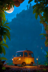 Classic Car the Wild. Night Camping Scene with Tent, Moonlight, nobody and Tropical Forest. Landscape Illustration background. Generative AI.