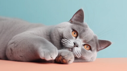 Cute grey scottish fold cat lying on carpet indoors, close up of cat relaxing on floor isolated on background. Generative AI