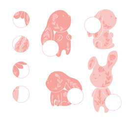 Find right piece for pink rabbit illustration. Vector educational game. Easter puzzle worksheet with decorated bunny.