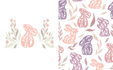 Set of vector seamless Easter pattern and card with decorated rabbits and flowers. Collection with nursery texture and illustration