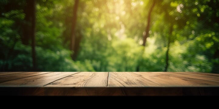 Empty wooden table on green nature background, Desk of free space for product display. Created Generative Ai