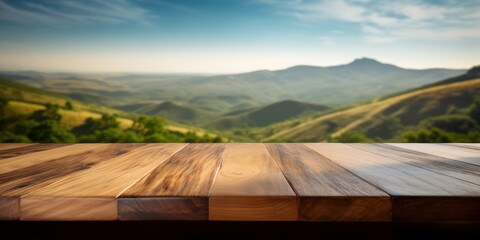 Empty wooden table on mountain background, Desk of free space for product display. Created Generative Ai