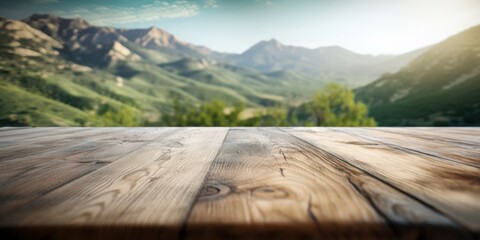 Empty wooden table on mountain background, Desk of free space for product display. Created Generative Ai