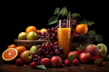 Naklejka na ściany i meble Fresh fruits juice on dark background, Healthy beverage rich in vitamins. Created Generative Ai
