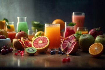 Fototapeta premium Fresh fruits juice on amazing light background, Healthy beverage rich in vitamins. Created Generative Ai