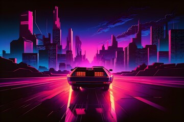 Fototapeta na wymiar DeLorean in a beautiful Cyberpunk City | Back to the Future inspired Ai Generated wallpaper/background |