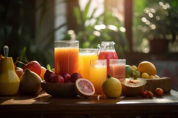 Fresh fruits juice on amazing light background, Healthy beverage rich in vitamins. Created Generative Ai - obrazy, fototapety, plakaty