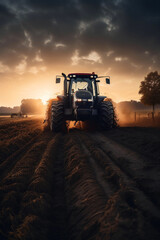 Modern tractor working in the field at sunset. Generative AI - obrazy, fototapety, plakaty