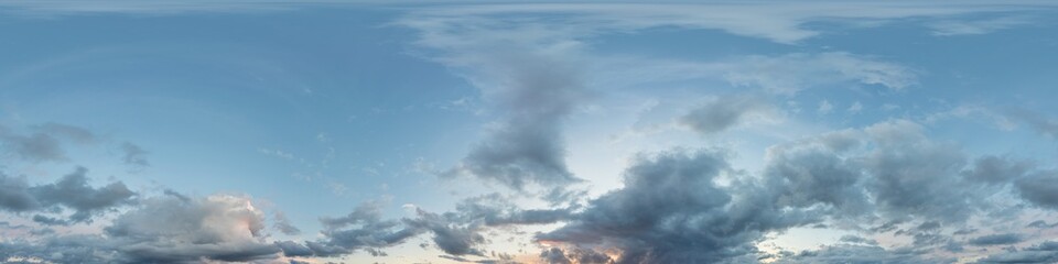 Dark blue sunset sky panorama with pink Cumulus clouds. Seamless hdr 360 panorama in spherical...