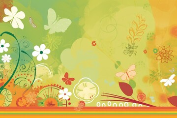 Fototapeta na wymiar Spring Scrapbook Scrapbooking Background with Flowers Nature Floral Butterfly Plants Sky Pattern Decoration Illustration